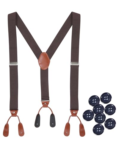Kajeer Herren Hosenträger zum Knöpfen - Einstellbare Y-Form Suspenders 3,5 cm Breit, Braun Kunstleder für Hochzeit und Business von Kajeer