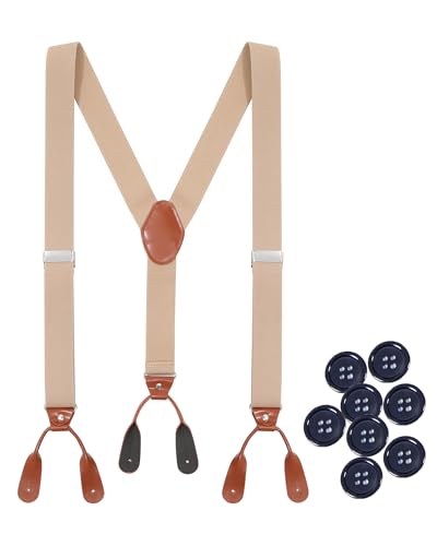 Kajeer Herren Hosenträger zum Knöpfen- Einstellbare Men Suspenders 3.5 cm/1.38 inch Breit Hosenträger Y Form Braun Kunstleder Herren Hosenträger für Hochzeit Business von Kajeer