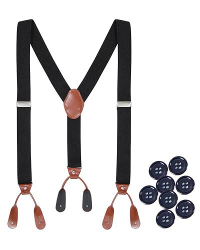 Kajeer Herren Hosenträger zum Knöpfen - Einstellbare Y-Form Suspenders 3,5 cm Breit, Braun Kunstleder für Hochzeit und Business von Kajeer