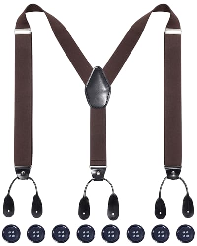 Kajeer Verstellbare Herren-Hosenträger mit Knopfleiste – Y-Rücken, elastische Smoking-Hosenträger mit robusten Lederknöpfen, coffee, Einheitsgröße von Kajeer