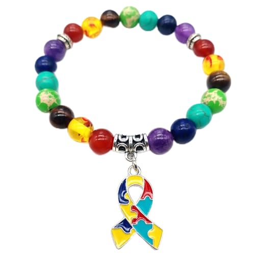Kajfjad Autismus-Armband, elastische Chakra-Perlen mit Herz und Puzzle-Charms für besondere Bedürfnisse, inspirierendes Geschenk für autistische Bevölkerung, Lehrer und Anwälte, Einheitsgröße von Kajfjad