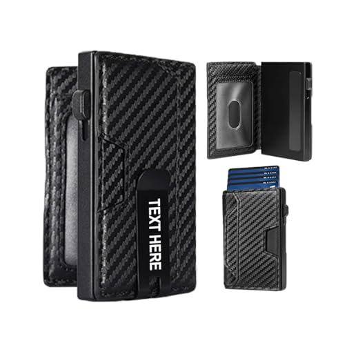 KakaTify Minimalistische Geldbörse für Herren, personalisierbar, Kreditkartenhalter, graviert, Pop-Up-Geldbörse, Karbonfaser, schlanke Brieftasche für Herren, RFID-blockierendes Ausweisfenster von KakaTify