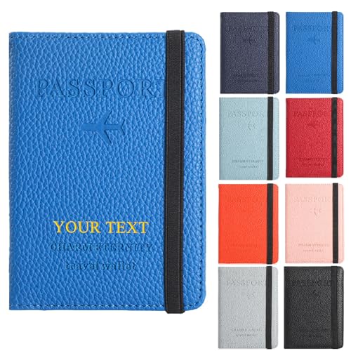 Reisepasshülle für Reiseutensilien, personalisierte Namen, Initialen, geprägt, Reisepasshülle, Zubehör, RFID-blockierende Reisepasshülle für Damen und Herren, Litschi-Riemen, 3 von KakaTify