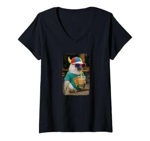 Damen Realistischer Kakadu trinkt Bubble Tea T-Shirt mit V-Ausschnitt Damen Realistischer Kakadu trinkt Bubble Tea T-Shirt mit V-Ausschnitt von Kakadu Bubble Tea Shop