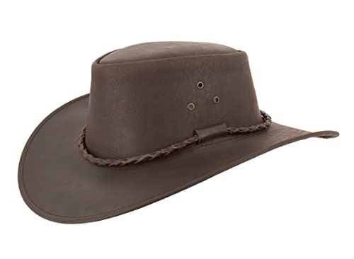 Lederhut Cowboyhut Australien Style Westernhut Herren Damen schwarz und braun Outdoor Hut aus Leder mit Kinnriemen ca. 7cm bis 7,5cm breite Krempe - Sonderposten Verschiedene Variationen von Kakadu Traders Australia