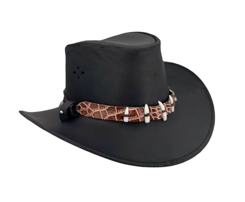 Lederhut Cowboyhut Australien Style Westernhut Herren Damen schwarz und braun Outdoor Hut aus Leder mit Kinnriemen ca. 7cm bis 7,5cm breite Krempe - Sonderposten Verschiedene Variationen von Kakadu Traders Australia