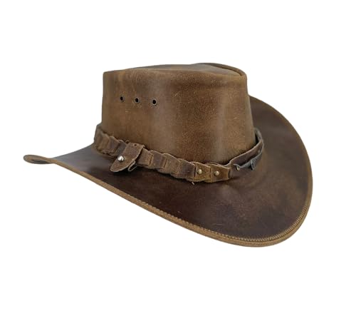 Lederhut Cowboyhut Australien Style Westernhut Herren Damen- Outdoor Hut aus Leder mit Kinnriemen ca. 7cm bis 7,5cm breite Krempe - Verschiedene Variationen von Kakadu Traders Australia