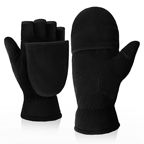 Kakaly Umwandelbare fingerlose Handschuhe – Winter-Thermohandschuhe, warme Polar-Fleece-Fäustlinge, Halbfinger, Arbeit, Angeln, Fahren, Laufen, Geschenk, für Herren, Schwarz , L von Kakaly