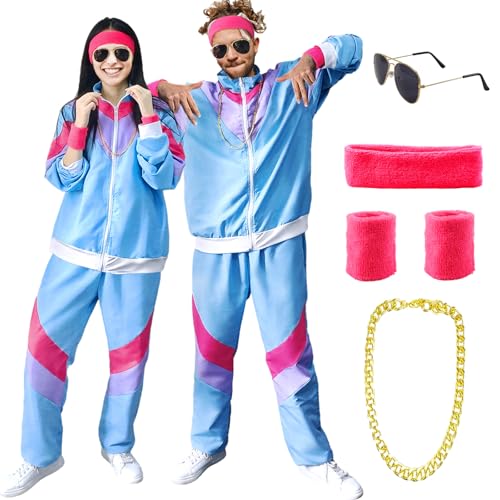 90er 80er Jahre Kostüm Erwachsene, Retro Trainingsanzug für Männer Frauen, Retro Jogginganzug mit Stirnband Armbänder Brille, 80er 90er Kostuem Anzug Paare Bad Taste Outfit für Karneval von Kakamanon