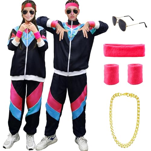 90er 80er Jahre Kostüm Erwachsene, Retro Trainingsanzug für Männer Frauen, Retro Jogginganzug mit Stirnband Armbänder Brille, 80er 90er Kostuem Anzug Paare Bad Taste Outfit für Karneval von Kakamanon