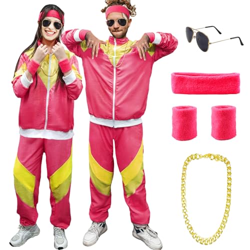 90er 80er Jahre Kostüm Erwachsene, Retro Trainingsanzug für Männer Frauen, Retro Jogginganzug mit Stirnband Armbänder Brille, 80er 90er Kostuem Anzug Paare Bad Taste Outfit für Karneval von Kakamanon