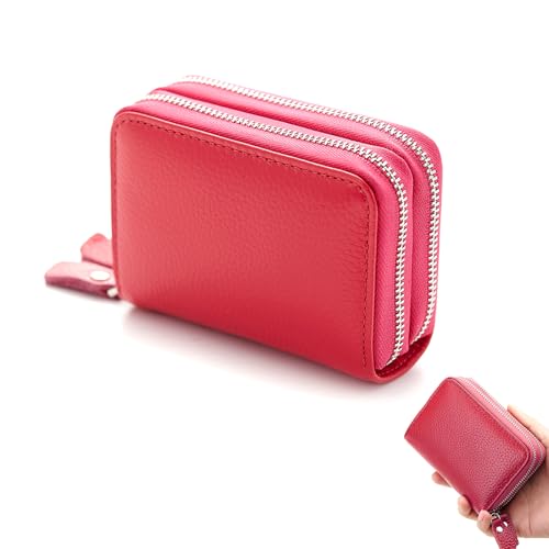 Klein Kreditkarten Geldbörse mit Münzfach, Mini Brieftasche Damen Doppelreißverschluss, Tragbare Kartenhalter Kleine Brieftasche Damen (Rosenrot) von Kakbrt