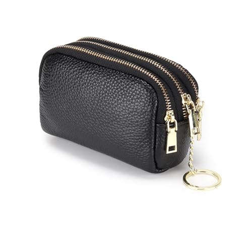 Portemonnaie Damen, Mehrschichtiger Münzbeutel, Leder Geldbörse Damen Mini, Brieftasche mit Reißverschluss, Einfaches Süßes Portemonnaie, Geräumige Brieftasche (Schwarz) von Kakbrt