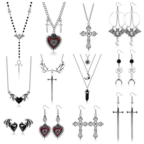 Kakonia 10-12 Stück Gothic Halskette Ohrringe Damen Herren Kreuz Y2k Vintage Ohrringe Halskette Hängend Dangling Chain Layer Ohrringe Grunge Punk Schmuck von Kakonia