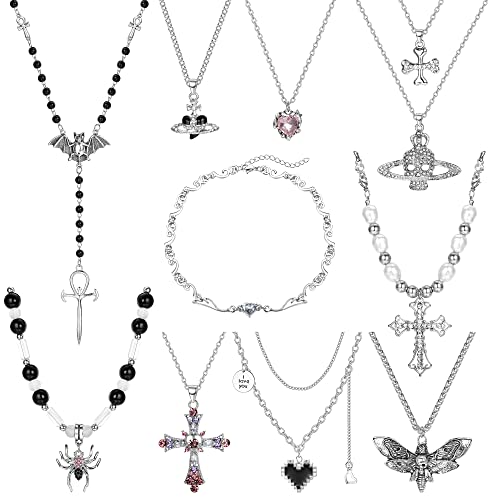 Kakonia 10-12 Stück Gothic Halskette Ohrringe Damen Herren Kreuz Y2k Vintage Ohrringe Halskette Hängend Dangling Chain Layer Ohrringe Grunge Punk Schmuck von Kakonia