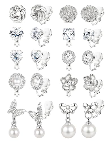 Kakonia 10 Pairs Clip on Earrings Women - Hypoallergenic Comfortable Non Pierced Earrings Round Square CZ Pearl Knot Flower Butterfly Clip on Earrings for Women Silver Gold von Kakonia