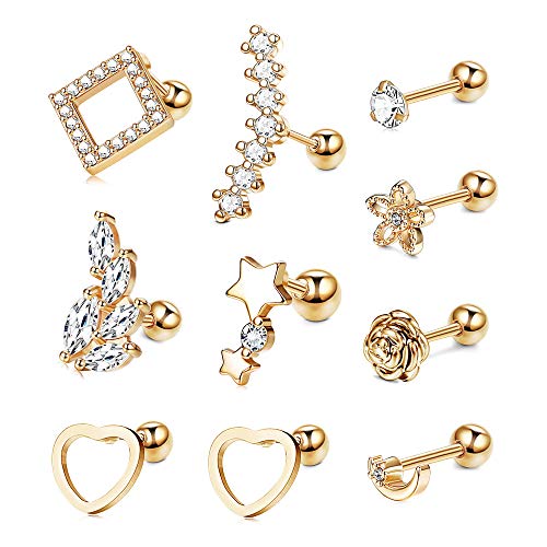 Kakonia 10 Stück Helix Piercings 16G Edelstahl Piercing Ohr für Frauen Männer Pircingssets Ohr Tragus Piercing Knorpel Ohrringe Set Conch Ohrpiercing Ohrstecker Tragus Helix Piercing Ohr von Kakonia