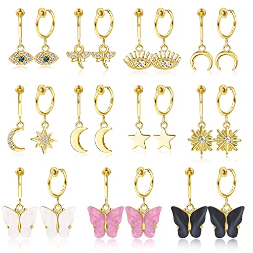 Kakonia 11 Paar Gold-Ohrclips für Frauen Clip-Ohrringe Fake-Ohrringe Evil Eye Dangle Creolen Schmetterling Mond Stern Herz Ohrringe Drop Clip-on Ohrringe von Kakonia