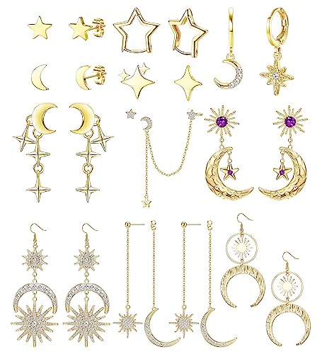 Kakonia 11Paar Stern Mond Ohrringe für Damen Sterne Sonne Gold Silber Edelstahl Y2k Hypoallergene Kette Creolen Hängend Ohrstecker Stud Hoop Earring Huggie Ohrringe Helix Knorpel Set Damen von Kakonia