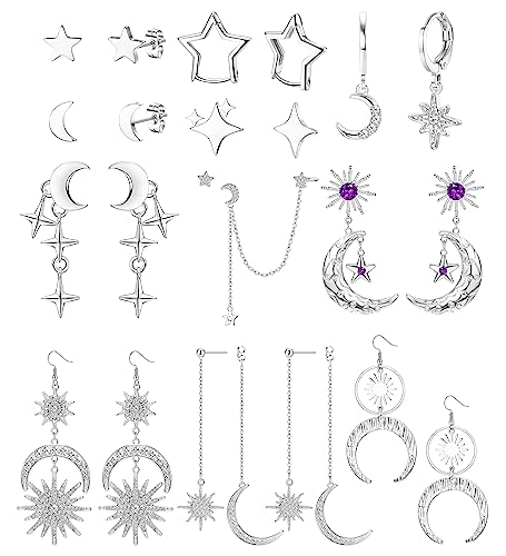 Kakonia 11Paar Stern Mond Ohrringe für Damen Ohrringe Sterne Gold Ohrstecker Silber Edelstahl Star Earrings Helix Knorpel Piercings Ohrringes Hypoallergene Sonne Hängend Kette Creolen Set Damen von Kakonia