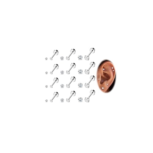 Kakonia 12 Paar 20G Edelstahl CZ Ohrstecker für Damen Herren Knorpel Helix Ohrstecker Set Runde Zirkonia Schraube Flat Back Ohrstecker Piercing von Kakonia