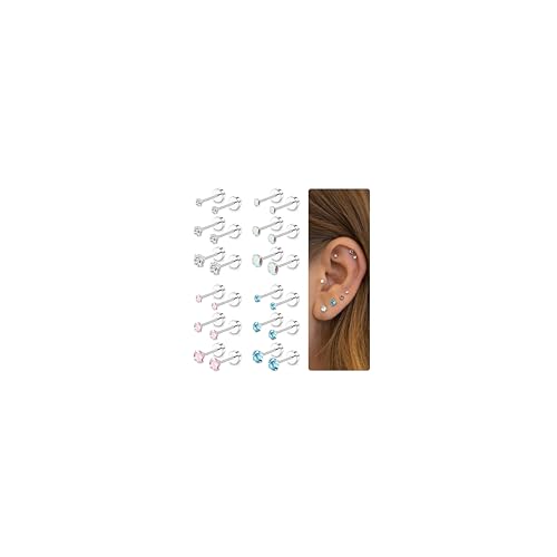Kakonia 12 Paar 20G Edelstahl CZ Ohrstecker für Damen Herren Knorpel Helix Ohrstecker Set Runde Zirkonia Schraube Flat Back Ohrstecker Piercing von Kakonia