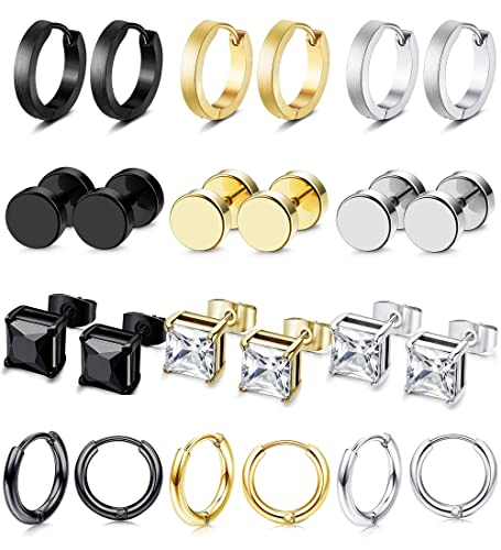 Kakonia 12 Paar Ohrringe Set Edelstahl,Allergiefreie Ohrstecker Männer Ohrstecker Stecker Creolen Zirkonia Ohrstecker Set Fake Plugs Ohrschmuck Hoop Piercing für Herren Damen Unisex von Kakonia