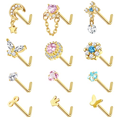 Kakonia 12stk 20G Nasenpiercing Stecker L-förmiger Nasenstecker Korkenzieher Dangle Nasenringe für Damen Herren CZ Edelstahl Nasenpiercing Schmuck Gold-L von Kakonia