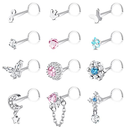 Kakonia 12stk 20G Nasenpiercing Stecker L-förmiger Nasenstecker Korkenzieher Dangle Nasenringe für Damen Herren CZ Edelstahl Nasenpiercing Schmuck Silber-S von Kakonia