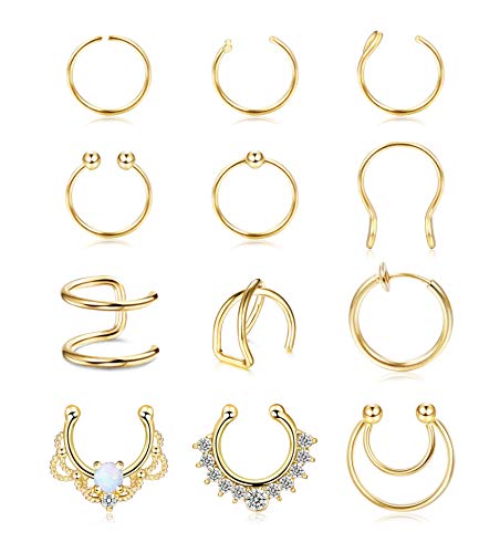 Kakonia 12 Stück 20G Fake Nasenpiercing für Frauen Männer Edelstahl Fake Nose Ring Septum Non Pierced Nasen Septum Ring Knorpel Manschette Nicht Piercing Ohrringe von Kakonia