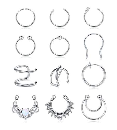 Kakonia 12 Stück 20G Fake Nasenpiercing für Frauen Männer Edelstahl Fake Nose Ring Septum Non Pierced Nasen Septum Ring Knorpel Manschette Nicht Piercing Ohrringe von Kakonia