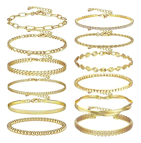 Kakonia 12Stück Kette Ketten Armband Gold Set Für Damen Herren KettenArmband Armkette Gliederarmband 14K Verstellba Cuban Chain Armband Kettenglieder Hip Hop Rapper Modeschmuck Set von Kakonia