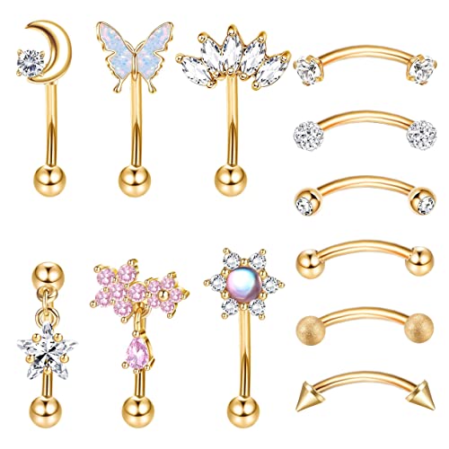 Kakonia 12 Stück Rook Curved Barbell Piercing Gold Piercing Augenbrauen Bauchnabelpiercing Nasenpiercing Edelstahl Tragus Helix Knorpel Lippen Piercing Schmuck für Damen von Kakonia