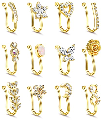 Kakonia 12stk Fake Nasenpiercing für Damen Fake Nose Ring Septum Zirkonia Opal Schmetterling Mond Herz Blume Clip auf Nasenring Verstellbar Fake Nasenring Gold von Kakonia