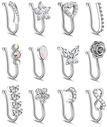 Kakonia 12stk Fake Nasenpiercing für Damen Fake Nose Ring Septum Zirkonia Opal Schmetterling Mond Herz Blume Clip auf Nasenring Verstellbar Fake Nasenring Silber von Kakonia