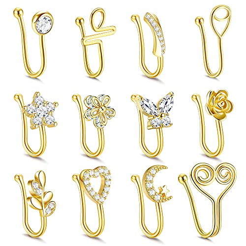 Kakonia 12stk Fake Nose Ring für Damen Verstellbare Fake Nasenpiercing ring Zirkonia Schmetterling Blume Fake Nasenring Piercing Gold von Kakonia