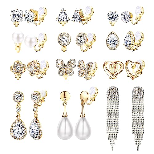 Kakonia 12 Paare Clip auf Ohrringe für Frauen Mädchen Nicht Durchbohrt Zirkonia Perle Kristall Strass Silber Gold Ohrstecker Baumeln Fashion Clip Ohrring Set von Kakonia