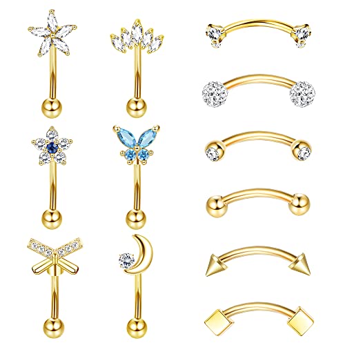 Kakonia 12stk 16G Rook Piercing für Frauen Männer - Edelstahl Augenbrauen und Ohr Schmuck - Curved Barbell Banane Short 6mm 8mm von Kakonia