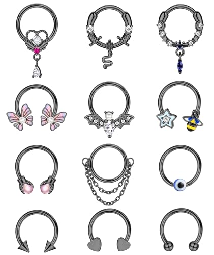 Kakonia 12Pcs 16G Septum Ringe für Frauen Männer Edelstahl baumeln Septum Schmuck Schlange CZ Schmetterling Fledermaus Daith Ohrringe Hoop Nase Ringe Septum Piercing Schmuck Schwarz von Kakonia