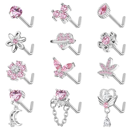 Kakonia 12Stück 20G Nasenpiercing Stecker für Damen Edelstahl Nasenstecker Silber L S Form Korkenzieher Piercing Nase Nose Stud Nostril Piercing für Damen von Kakonia