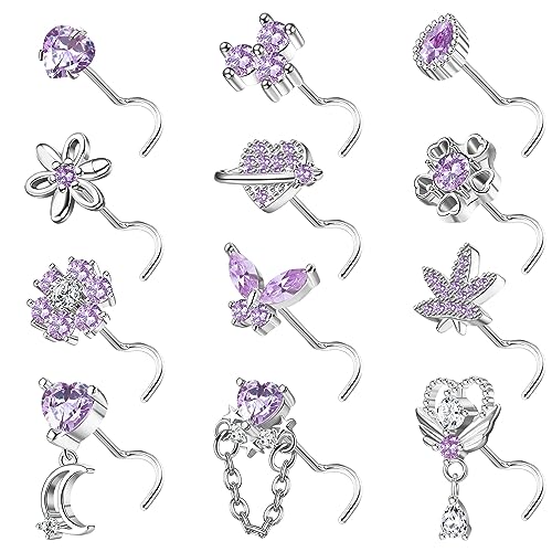 Kakonia 12Stück 20G Nasenpiercing Stecker für Damen Edelstahl Nasenstecker Silber L S Form Korkenzieher Piercing Nase Nose Stud Nostril Piercing für Damen von Kakonia
