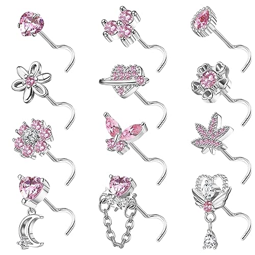 Kakonia 12Stück 20G Nasenpiercing Stecker für Damen Edelstahl Nasenstecker Silber L S Form Korkenzieher Piercing Nase Nose Stud Nostril Piercing für Damen von Kakonia