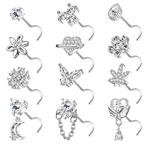 Kakonia 12Stück 20G Nasenpiercing Stecker für Damen Edelstahl Nasenstecker Silber L S Form Korkenzieher Piercing Nase Nose Stud Nostril Piercing für Damen von Kakonia