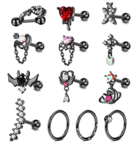 Kakonia 13 Stück 16G Dangle Ohrstecker für Damen 316L Edelstahl Helix Piercings Tragus Knorpel Ohrringe Labret Zirkonia Tragus Helix Conch Ohr Piercing von Kakonia