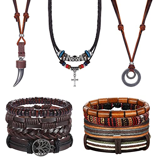 Kakonia 13 Stück Lederarmband Lederkette Herren Damen Schmuck Set Geflochtene Boho Ethnische Wickelarmband Handgefertigte Manschette Verstellbare Armbänder Halskette von Kakonia