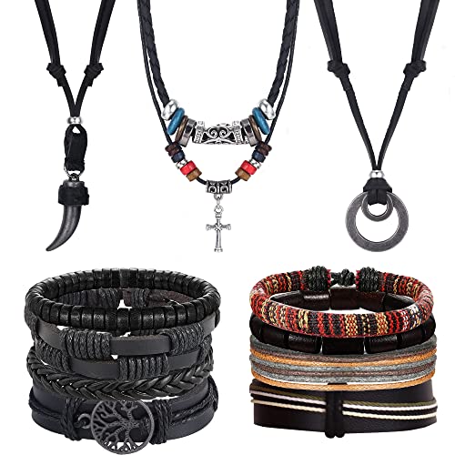 Kakonia 13 Stück Lederarmband Lederkette Herren Damen Schmuck Set Geflochtene Boho Ethnische Wickelarmband Handgefertigte Manschette Verstellbare Armbänder Halskette von Kakonia