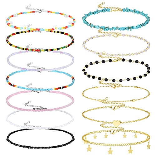 Kakonia 13 Stücke Perlen Choker Halskette Für Frauen Böhmische Bunte Gold Regenbogen Verstellbare Kette Handgemachte Seed Bead Acryl Halsketten Für Teen Mädchen Set von Kakonia