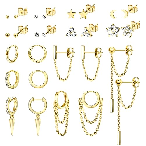 Kakonia 14 Paar Ohrstecker Ohrringe und Reifen Set Silber vergoldet baumeln Kette Ohrring Mini Ball CZ Ohrstecker Huggie Hoop Ohrring für Frauen von Kakonia