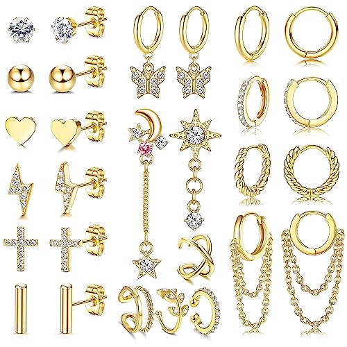 Kakonia 14Paar Helix Piercing für Damen Ohrstecker Creolen Klein Edelstahl Ohrring Kette Gold Silber Stud Hoop Earrings Tiny Chain Dangle Knorpel Huggie Ohrringe Piercing Ohr Set Damen von Kakonia