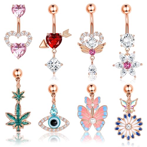 Kakonia 14G Bauchnabelpiercing für Frauen 316L Chirurgenstahl Bauch Ringe Cute Dangle CZ Herz Blume Schmetterling Evil Eye Leaf Dangling Bauchnabel Ringe Piercing Schmuck Roségold von Kakonia